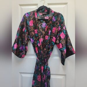 Frederick's of Hollywood Vintage Floral Paisley Kimono Robe W/Tie Waist Size M